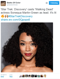 hustleinatrap:  Star Trek has had the most diverse crew since the original TV series. You’ll be welcomed, Sonequa Martin-Green. #BlackPride   Another reason why Star Trek is the shit