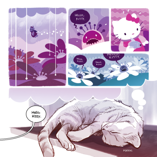 karlkerschl:  I contributed a 3-page story to the Hello Kitty 40th Anniversary anthology! Unfortunately, they rejected the third page of it because ‘Sanrio doesn’t want Hello Kitty associated with an actual cat in any way.’ So anyway, they just