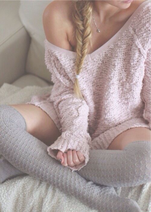 Long blonde braid with over sized pink sweater and thigh highs