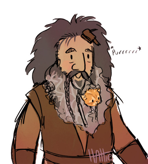 hattedhedgehog:  Buttons meows and gently headbutts people until the sads are gone. And then tends to get to snuggle in someone’s beard. Also, Bifur’s name for Buttons is the Iglishmêk sign for “orange” accompanied by purring. 