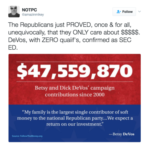prochoice-or-gtfo:  refinery29:  Betsy DeVos has been confirmed by one vote as the Secretary of Education. Two Republican Senators voted against their party to protest DeVos Today, the Senate narrowly confirmed Betsy DeVos as Secretary of Education, with