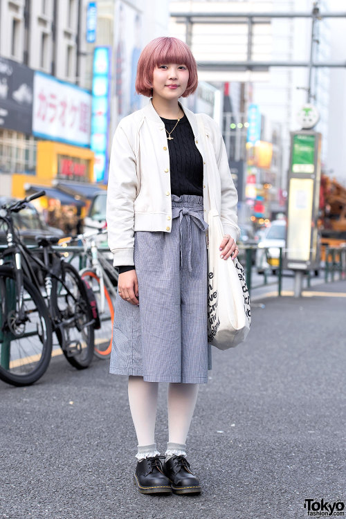 18-year-old Momo on the street in Harajuku with a pink bob hairstyle, light bomber jacket, KBF midi 