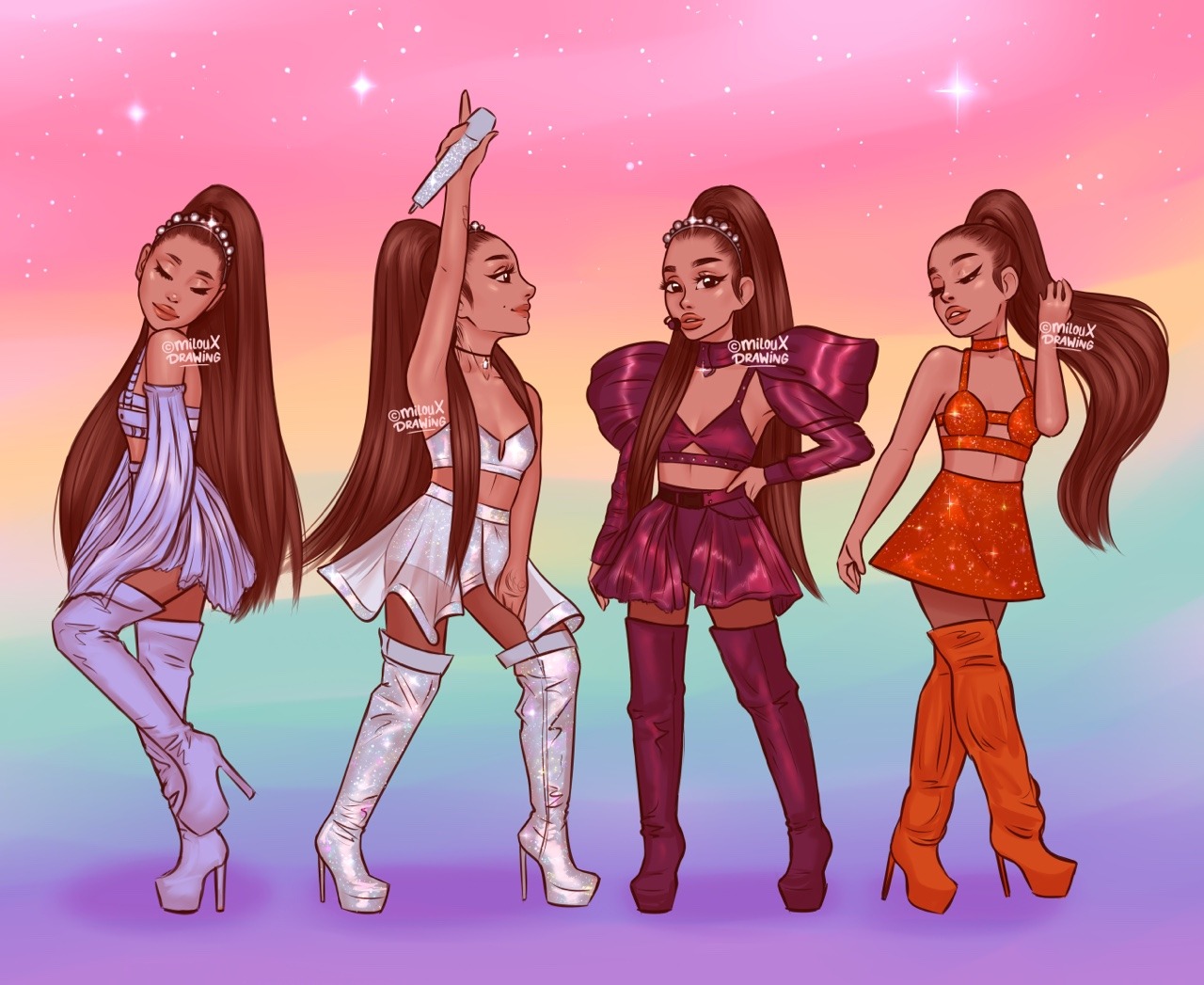 milouxdrawing:Arichella / sweetener Tour outfits 💕✨  my favorite is the sparkly