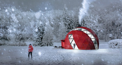 theplaidzebra:  These environmentally friendly foldable dome homes are for the all-season camper It’s top can gather rain. The home also gathers solar power, which “connects to the hot water tank, providing toilet facilities and kitchen with warm