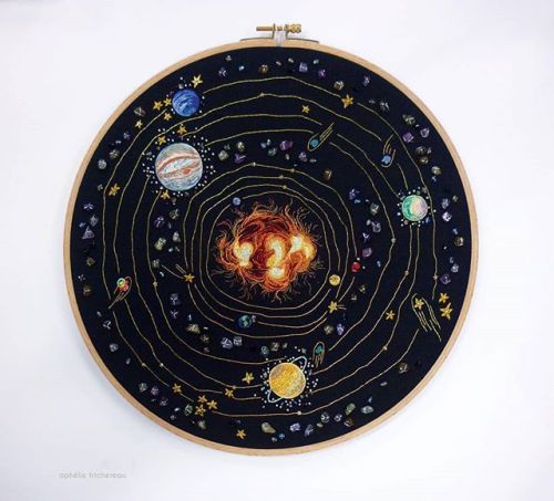 sciencealert:This Solar System embroidery is too gorgeous!  The tiny bead moons!  The stone chips fo