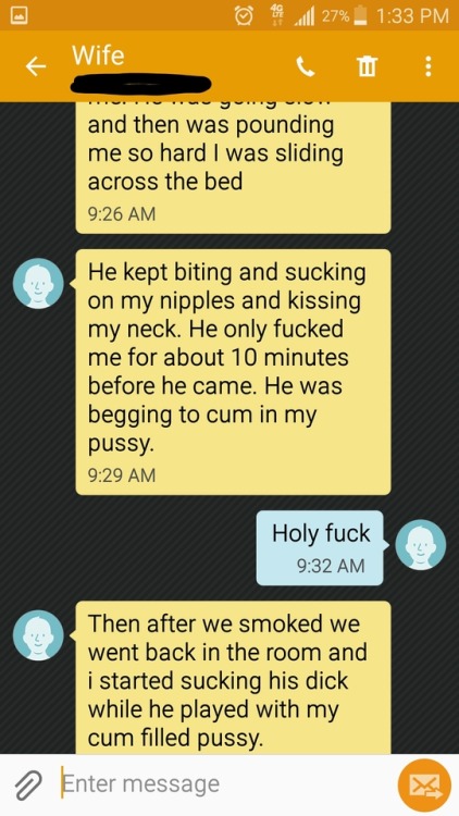 sluttytext:phxborn87:Wife finally met up with her ex last night!Hope they meet up again soon.