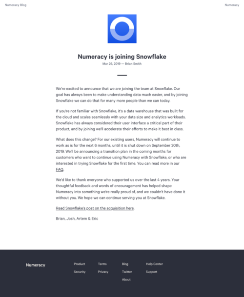 26 March 2019:Numeracy is joining SnowflakeWe&rsquo;re excited to announce that we are joining t