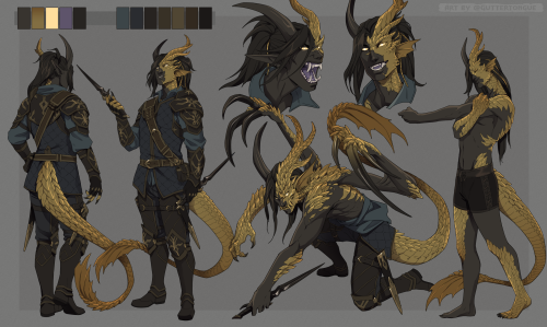 A character design sheet. The character appears to be half tiefling, half dragonborn, with long hair, black skin and golden scales. They wield black, wicked looking daggers and are wearing a dark blue padded gambeson and leather bracers and boots.