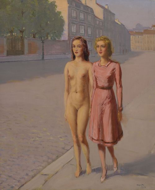 thunderstruck9:René Magritte (Belgian, 1898-1967), Untitled (Two Girls Walking Along a Street), 1954