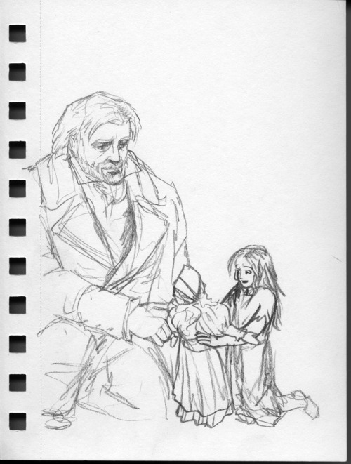 nyranor: Daily sketchbook page 18: Valjean gifting Catherine to little Cosette
