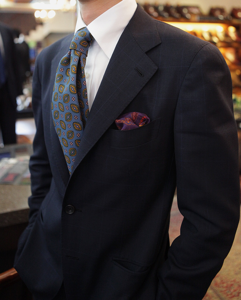 Windowpane suit on Drake’s tie & square at B&Tailorshop