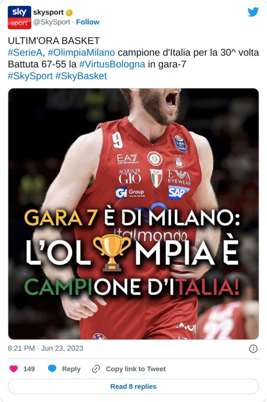ULTIM'ORA BASKET#SerieA, #OlimpiaMilano campione d'Italia per la 30^ volta Battuta 67-55 la #VirtusBologna in gara-7#SkySport #SkyBasket pic.twitter.com/hIVXhCYVLD  — skysport (@SkySport) June 23, 2023