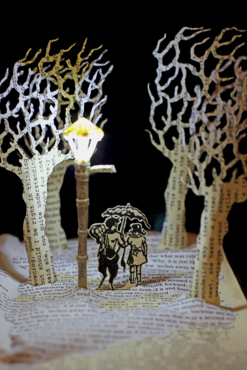 Mr. Tumnus and Lucy book sculpture by Justin Rowe. One of six paper sculptures created for the Chris