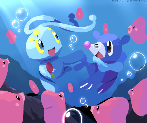 Mingling with Manaphy. (Done as a request for @ryansbedroom)