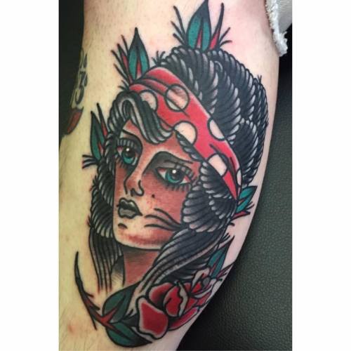 Traditional lady head tattoo by Nickolas G