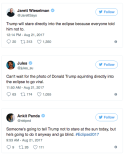 taxloopholes: buzzfeed: President Donald Trump has been photographed briefly staring directly at the sun during the solar eclipse. An aide then reportedly shouted “don’t look,” telling the president to make sure he was wearing his protective glasses.