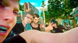 transpromptis:  this is one of my favourite photos bc it’s like…so Real? prompto’s big ol out-of-focus face mid-laugh, gladio blocking half of noct’s face with a peace sign, nobody is looking at the actual fucking camera…..call me gay but it