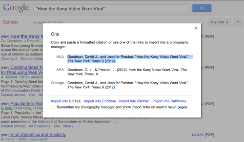 afternoonsnoozebutton:  Tip for all my student readers: if you’re too lazy to use a bibliography creator like NoodleBib or RefWorks, let Google generate your bibliography entries for you. All you have to do is google the article/book title in Google