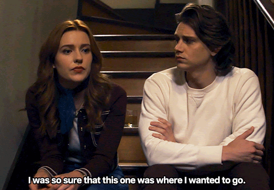 GIF FROM EPISODE 3X01 OF NANCY DREW. NANCY AND ACE ARE SITTING SIDE-BY-SIDE ON THE STAIRS IN NANCY'S HOUSE. NANCY SAYS "I WAS SO SURE THAT THIS ONE WAS WHERE I WANTED TO GO."