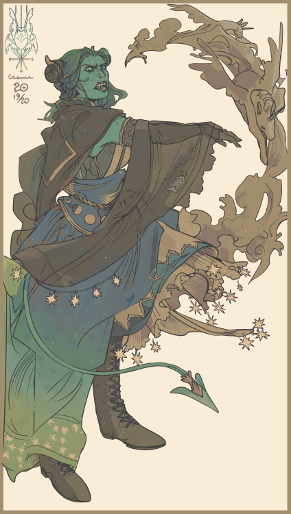 sevenredrobes:caemidraws:*:･ﾟ✧[ID: A gold washed, digital fanart of Jester. She is snarling, hand ra