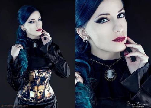 Model Daedra in our Black Satin Ruffle Blouse and Skulls Underbust - by lovely @mariepracnova #dracu