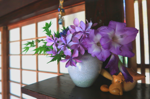 June Ikebana - Hydrengeas and Momiji. For the whole month of June our garden was bursting with color