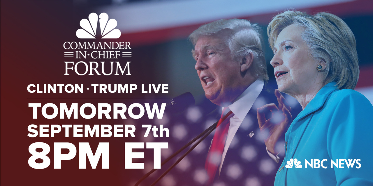 Tune in to the first joint candidate event of the 2016 general election!
Hillary Clinton and Donald Trump will take questions on national security, military affairs and veterans’ issues from a live audience comprised of service members and veterans...