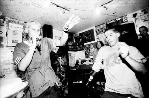 Mike D and Money Mark of the Beastie Boys perform at a secret gig in the basement of Slam City Skate