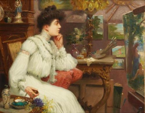 L'Elegante dans l'atelier. Maurice Chabas (French,1862-1947). Oil on canvas.Although brushes and pal