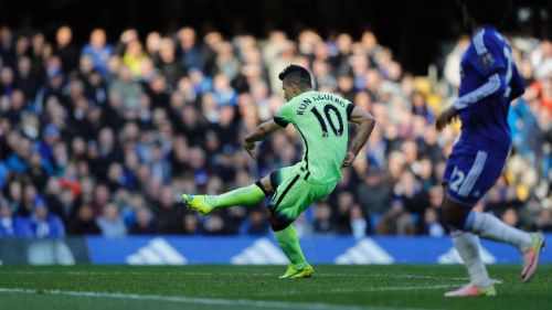 Sergio Aguero opens proceedings against Chelsea. He ended with all three goals as City pummeled Chel