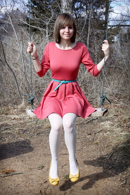 Cute brunette in white tights and yellow flats. (from him)