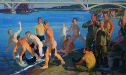 dynamitefists:Dmitry Zhilinsky (Дмитрий Жилинский) Soldiers bathing, the builders of the bridge. 1959.