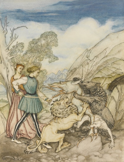 Cesarino and the dragon.1916.Fine ink And watercolour drawing.25 x 19.2 cm.Art by Arthur Rackham.