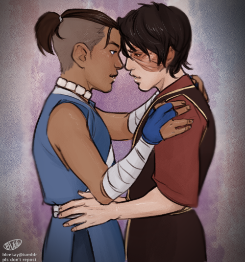 does-zuko-is-gay:  bleekay:  💜   [image id: A digital color drawing of Zuko and Sokka in their Season 3 outfits against a purple background. Sokka is resting his hands on Zuko’s shoulders while Zuko is resting his hands on Sokka’s waist. Their