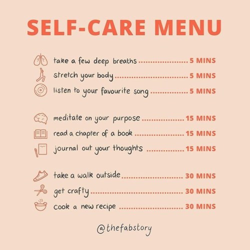 aurelie-ualanik:Source : selfcareisapriority [Image ID: The self-care tips are on a light pink backg