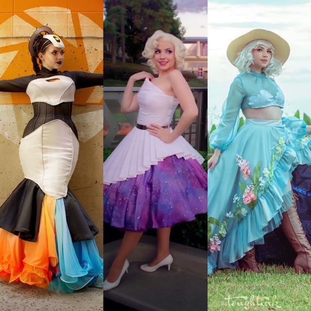 3 photos featuring a girl wearing geek couture looks inspired by glados, space mountain, and howl's moving castle