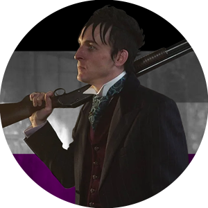 → asexual OSWALD COBBLEPOT / THE PENGUIN icons.[ID: 3 circular icons of Oswald Cobblepot from t