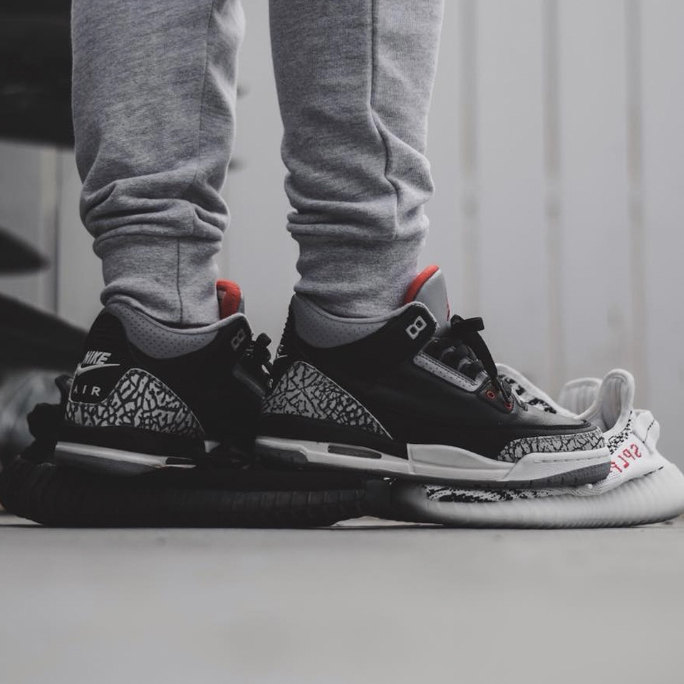 air jordan 3 black cement on feet