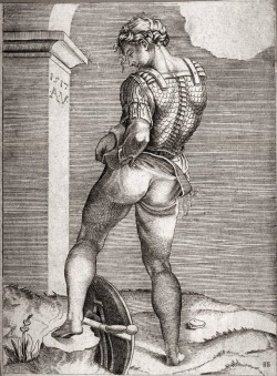 Soldier attaching his breeches to his breastplate.1517. after a drawing by Michelangelo. Agostino Veneziano. Italian 1490-1540. engraving.  