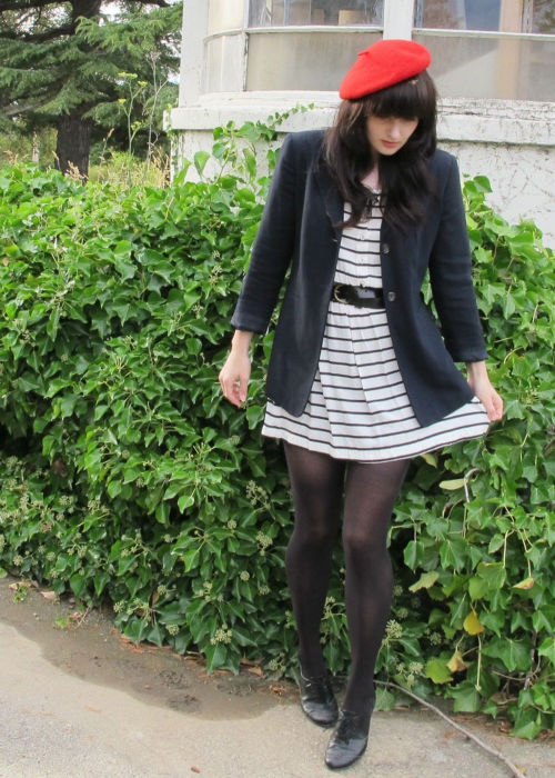 Red beret, black pantyhose and striped b&amp;w dress