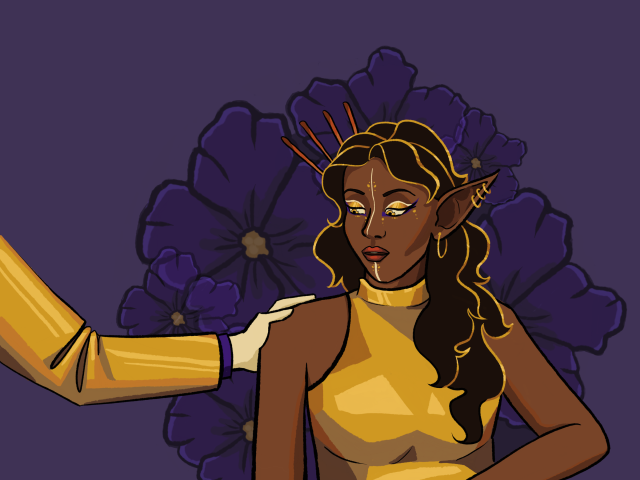 Digital illustration of a scene from EXU Calamity Episode 1. Laerryn sits looking quietly surprised and mournful as she glances at the tender hand on her shoulder placed by Loquatious. Laerryn is a dark-skinned woman with long wavy dark hair, wearing a sleeveless high-collar gold dress and beautiful gold make-up and jewelry. Only one arm is seen of Loquatious, who wears a gold suit jacket. The background is purple and has semi-translucent violets coming out of the point of contact.