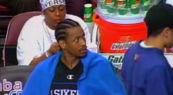 hidinginthewind:  nbaoffseason:  latenitelevision:  letitbumptho:   allen iverson gettin his hair braided durin a game  .  levels  GOAT.    my nigga 