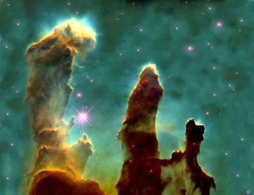 The Eagle Nebula is a region of star formation, ranging at about 90 trillion kilometers long. To put