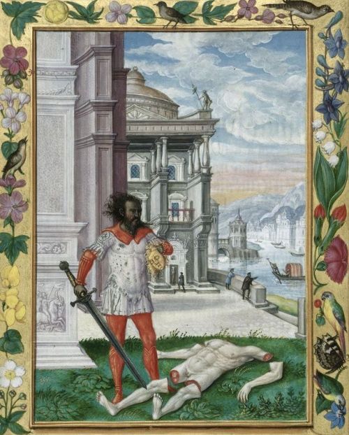 achasma:“Miniature of a man with a sword, clutching a severed head and standing beside the torso of 
