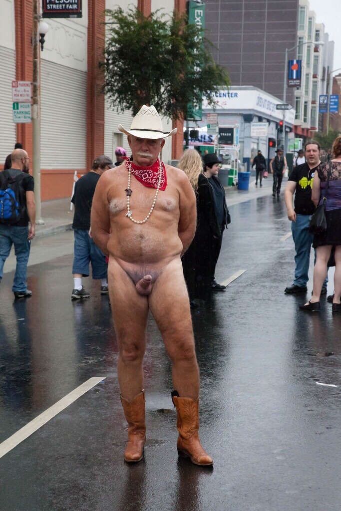 jackandersonstuff:  Mr. Smiles the naked old cowboy   Naked dripping cock in public&hellip;..Â 