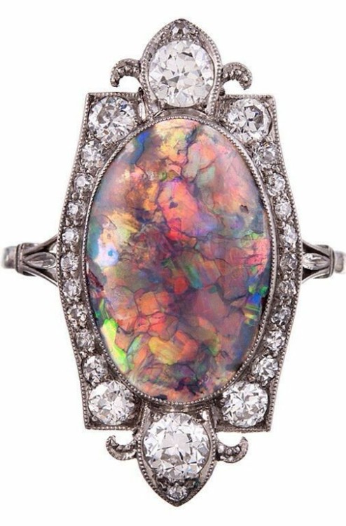 Fabulous Art Deco Opal and Diamond Ring, Circa 1925