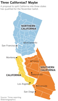 thishazeleyeddemon: lev1athan666:  mapsontheweb: Three Californias Proposal.  Just so everyone knows, this proposal is GOP Gerrymandering.  Have yet to find a source but I’ve been informed the “California” shown here in yellow would be an 80% liberal