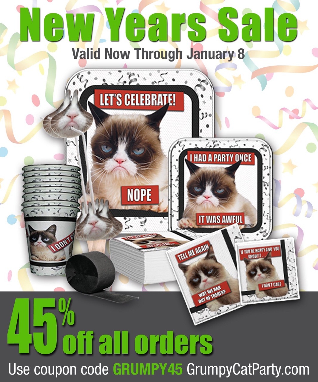 ‪Terrible New Year Sale: 45% Off Grumpy Cat Party Supplies at https://GrumpyCatParty.com‬