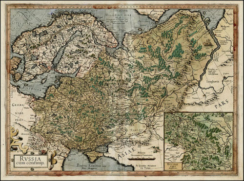 worldhistoryfacts:1595 map of Russia by Gerard Mercator. At the time of the making of this map, Russia was expanding out