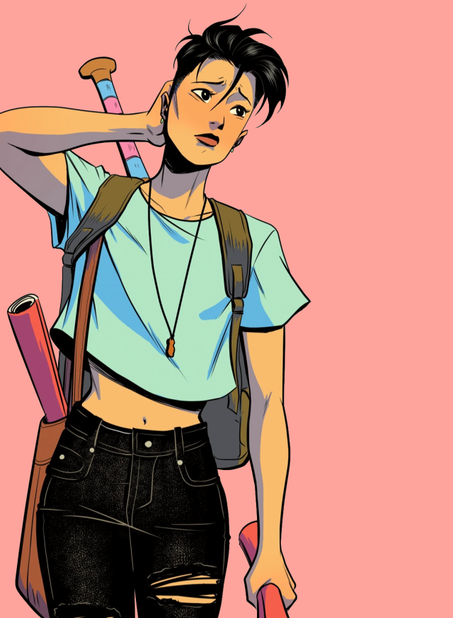 Edited comic panel of Alysia Yeoh in a pastel mint green tank top, long necklace with a brown charm, and black ripped skinny jeans. She has short hair and an undercut. She's wearing an olive green backpack and brown tote bag, which has a dark pink rolled paper peeking out. She's holding an identical rolled paper in her left hand. Peeking out of the backpack is a baseball bat, the handle colored with the trans flag colors blue, pink, and white. She has a contemplative expression, her free hand on the back of her neck. The background is pastel pink.